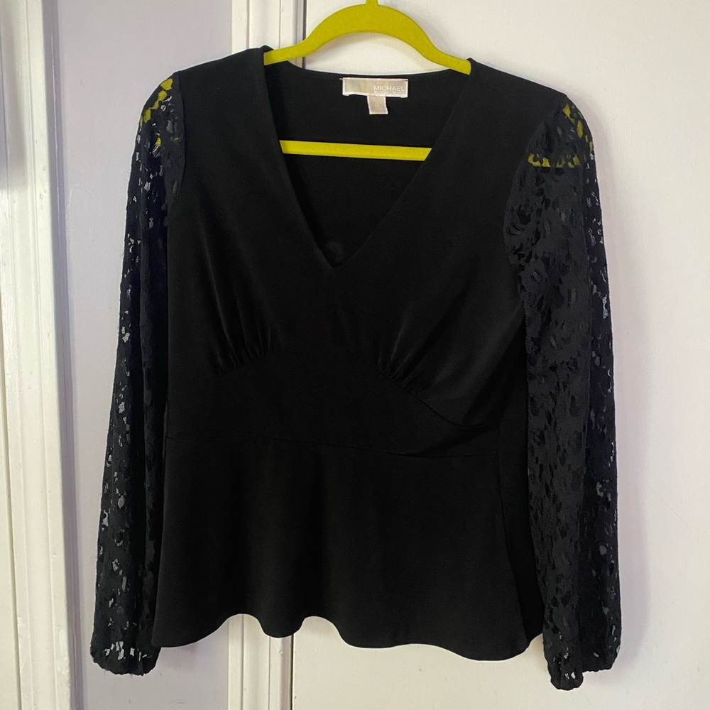 Michael Kors Elegant Black Top with Lace Sleeves